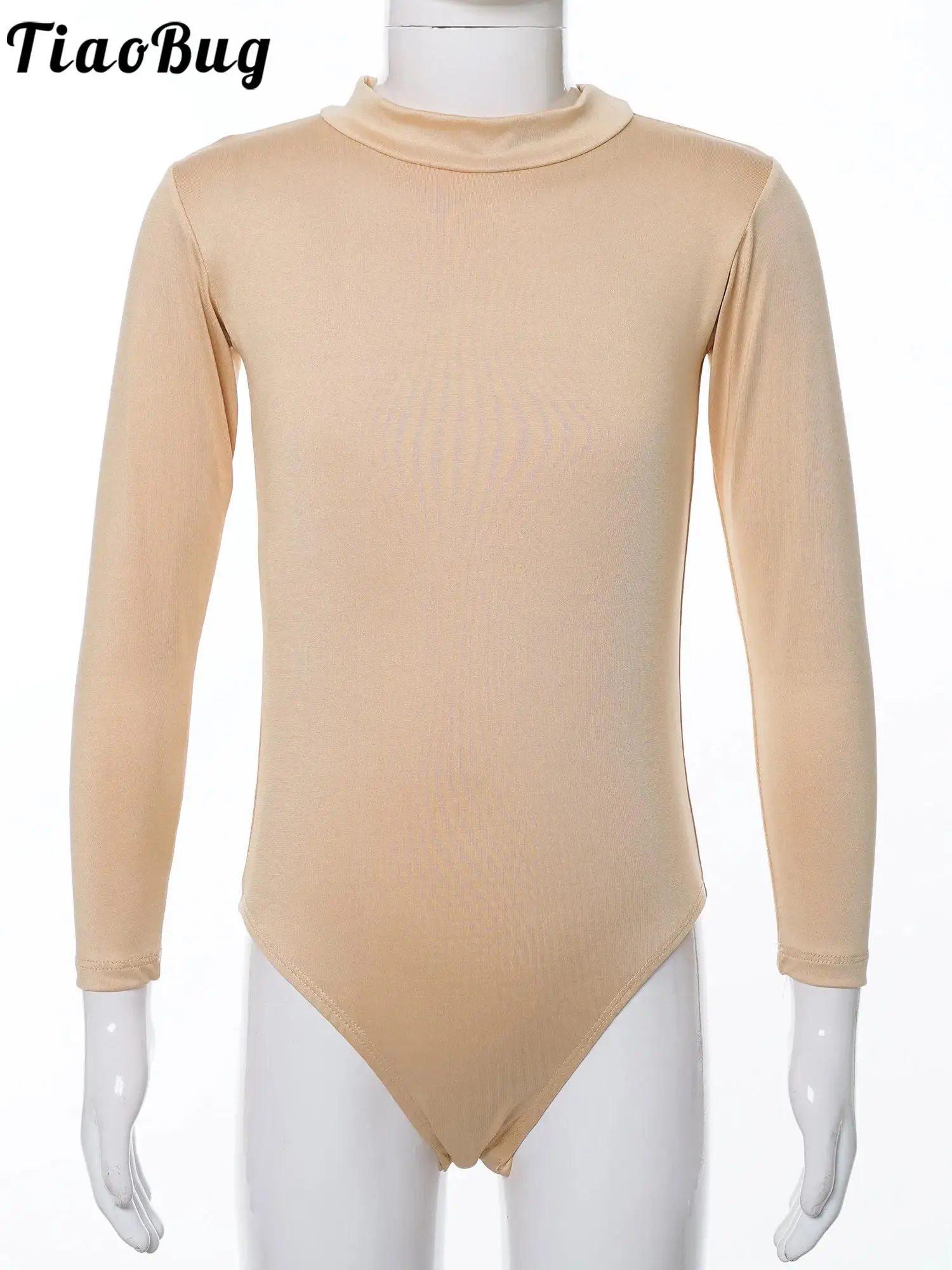 

Kids Girls Gymnastics Ballet Dance Performance Costume Nude Solid Color Bodysuit Mock Neck/Round Neck Long Sleeve Yoga Leotard