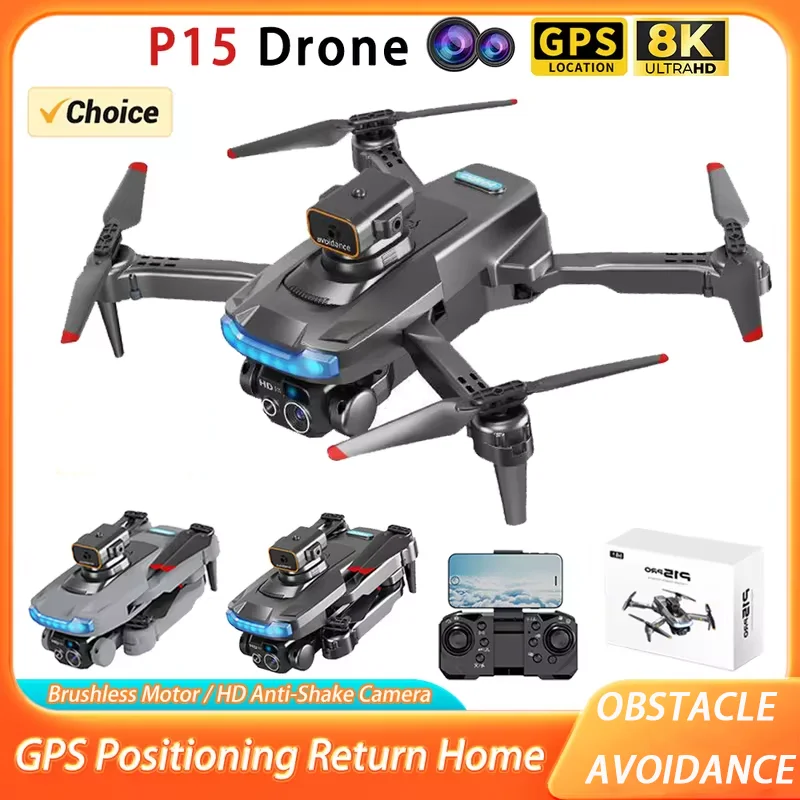 P15 RC GPS Drone Brushless Motor 8K HD Camera Optical Flow Localization Obstacle Avoidance Dron Foldable Quadcopter Boy Toy Gift