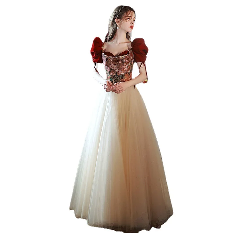 French Retro Evening Dress 2022 New Rose Embroidered Elegant Square Neck Bubble Short Sleeve Formal Banquet Long A-Line Gonws