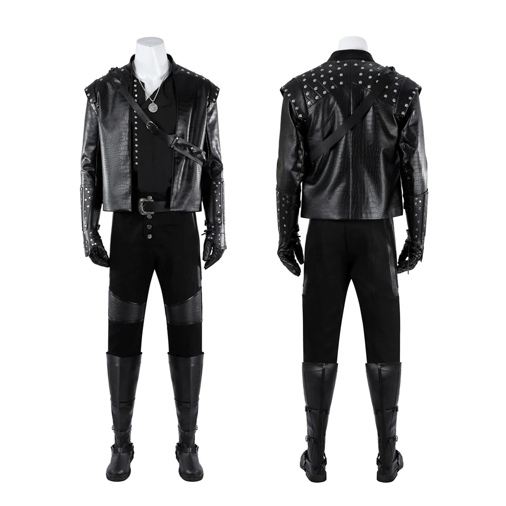 

Geralt of Rivia Cosplay Costume Witch 5 New Geralt Liam Outfit Black Leather Jacket Shirt Pants Boots Set Men Halloween Outfits