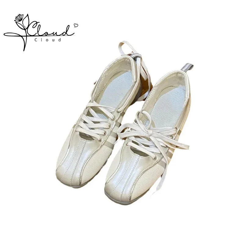 

Leather Lace-up Ballet Shoes Women's Flat Mary Jane Single Shoes Mesh Casual Board Shoes Soft Soled Small White Shoes