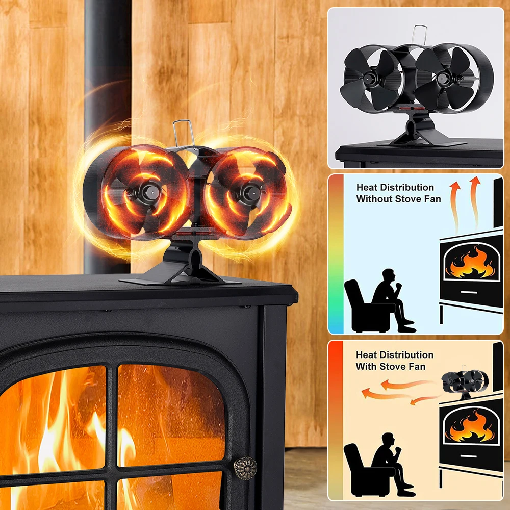 Double Headed Fireplace Fan 8 Blade Heat Powered Stove Fan Quiet Thermal Power Ventilation Home Efficient Heat Distribution