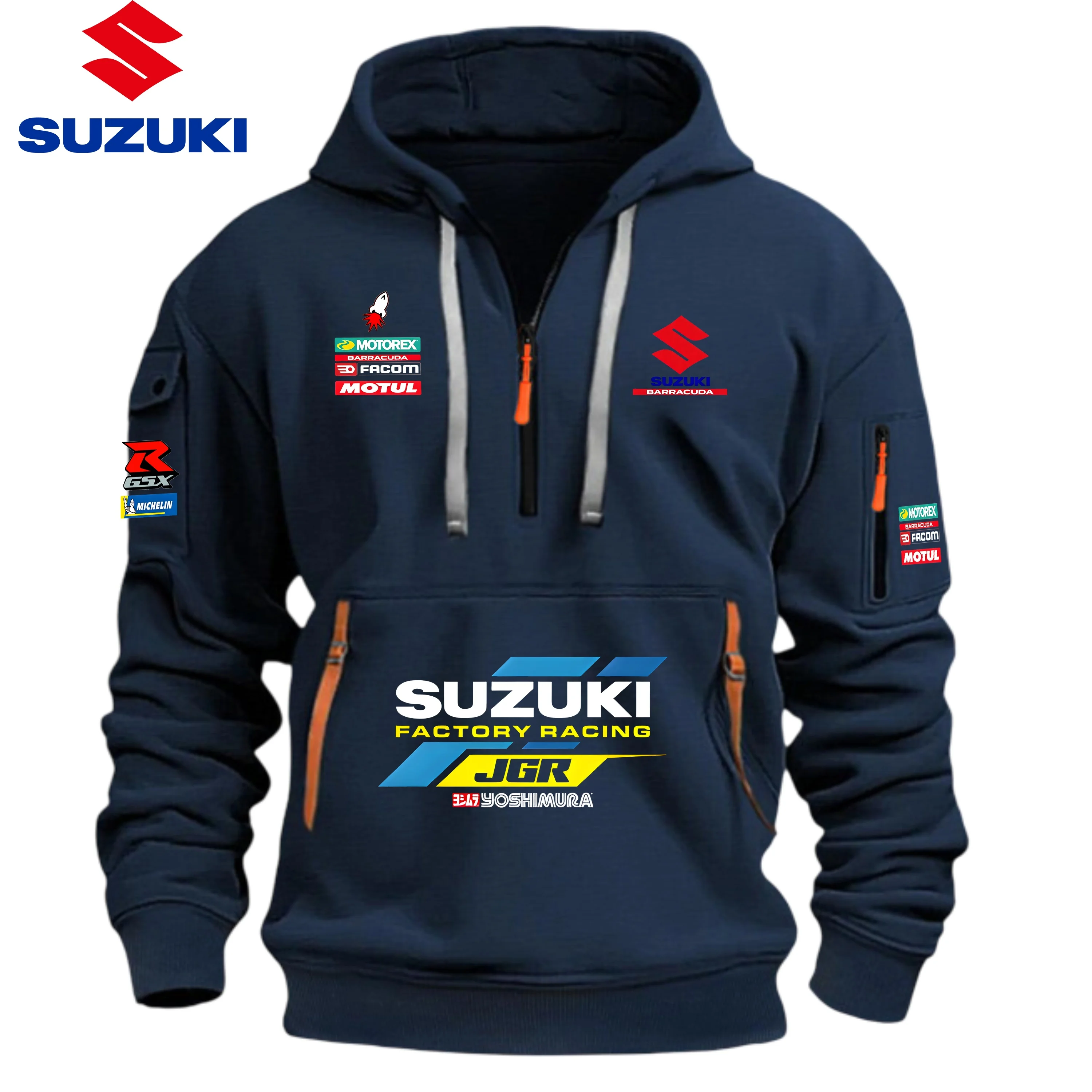 Suzuki Men's High-Quality Autumn/Winter Hoodie Outdoor Motorcycle Sweatshirt Half-Zip Design Multiple Pockets