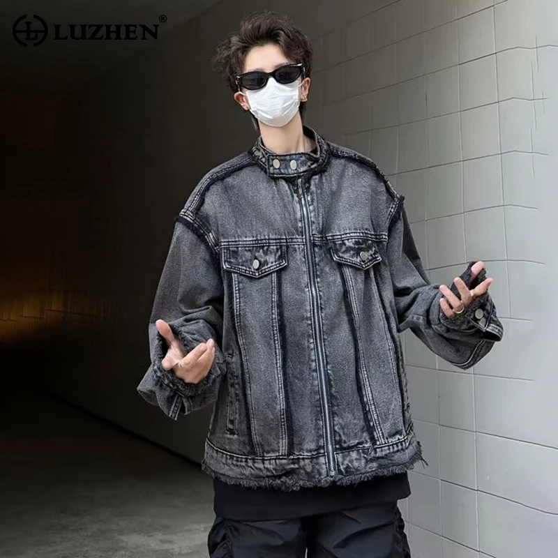 

LUZHEN Wornout Vintage Style Washed Stripe Textured Denim Jacket Men's 2025 New High Quality Streetwear Handsome Clothes JY3512