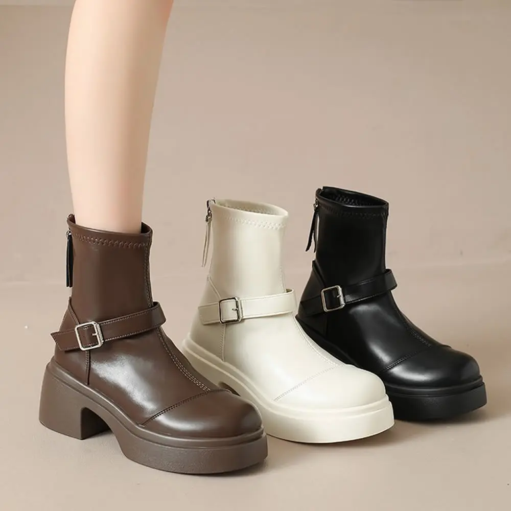 

New Booties for Autumn and Winter Women's Fashion Round Toe Rear Zipper Platform Anti-Slip Wear-Resistant Single Boots