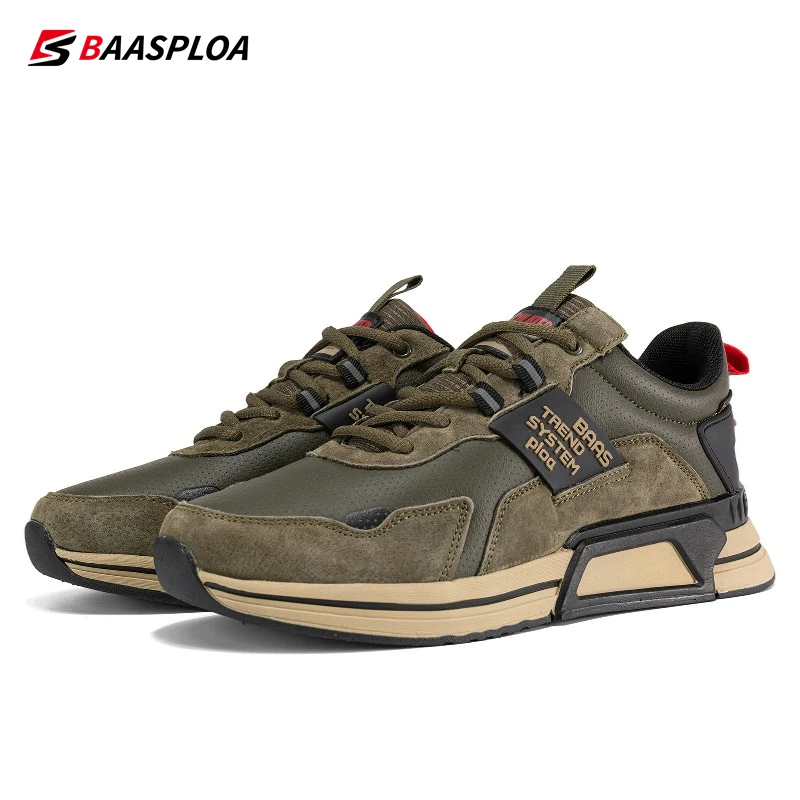 Baasploa New Men Fashion Leather Waterproof Casual Shoes Non-Slip Wear-Resistant Running Shoes Breathable Male Sneakers