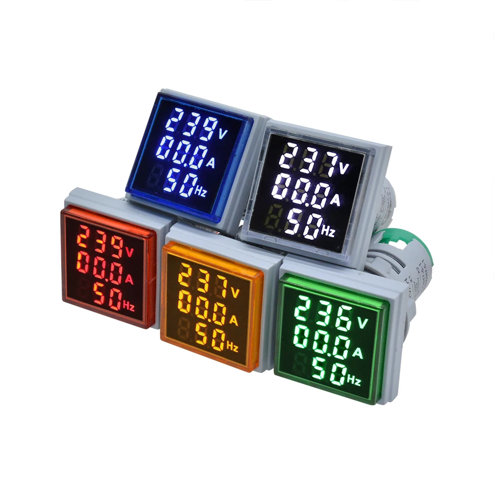 0-100A 60-500V 22MM Square Mini 3-in-1 Digital AC Voltage and Ammeter with Green/Red/Blue/White/Yellow LEDs