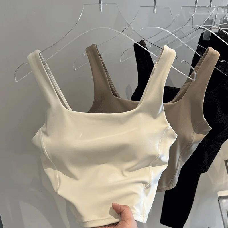 White Strapless Vest Women Summer Integrated Beautiful Back Yoga Top Underwear Base Layer Outerwear Cotton Short Sleeve U-Neck