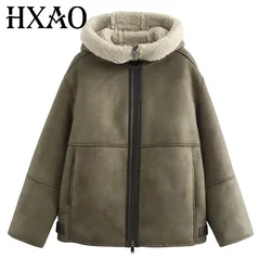 HXAO Hood Winter Coat Female Parkas Long Sleeve Plush Suede Jacket Women Autumn Zipper Fleeced Coats For Woman Cold Outerwear