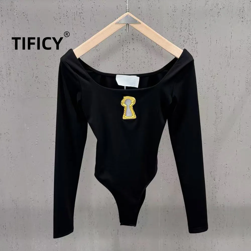 High Street Bodysuit Women's Commuter Style One Shoulder Long Sleeved High Waist Metal Decoration and Sexy Stretch Jumpsuit