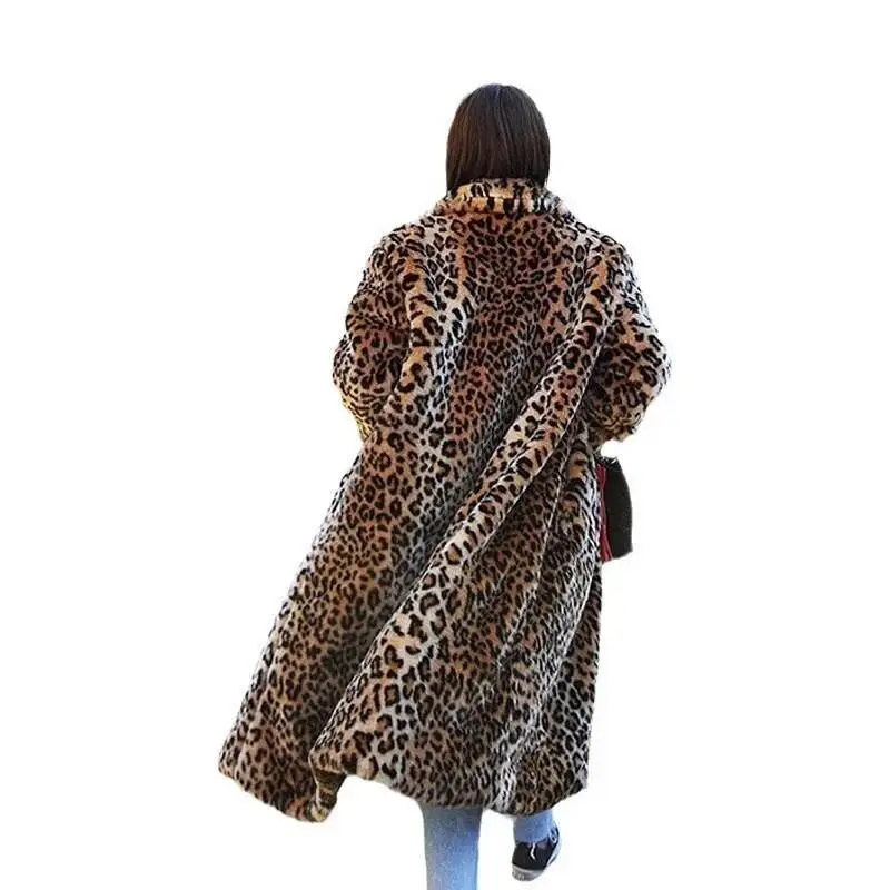 Jenner Same Kendall Style Long Faux Fur Coat for Women Leopard Print Fur Jacket Thickened Plush