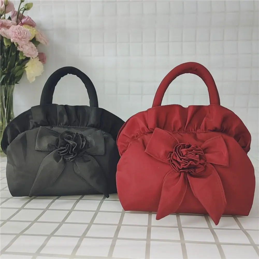 

Exquisite Flowers Women Bowknot Bag Zipper Soft Gothic Handheld Purse Floral Decor Solid Color Ladies Handbag Phone