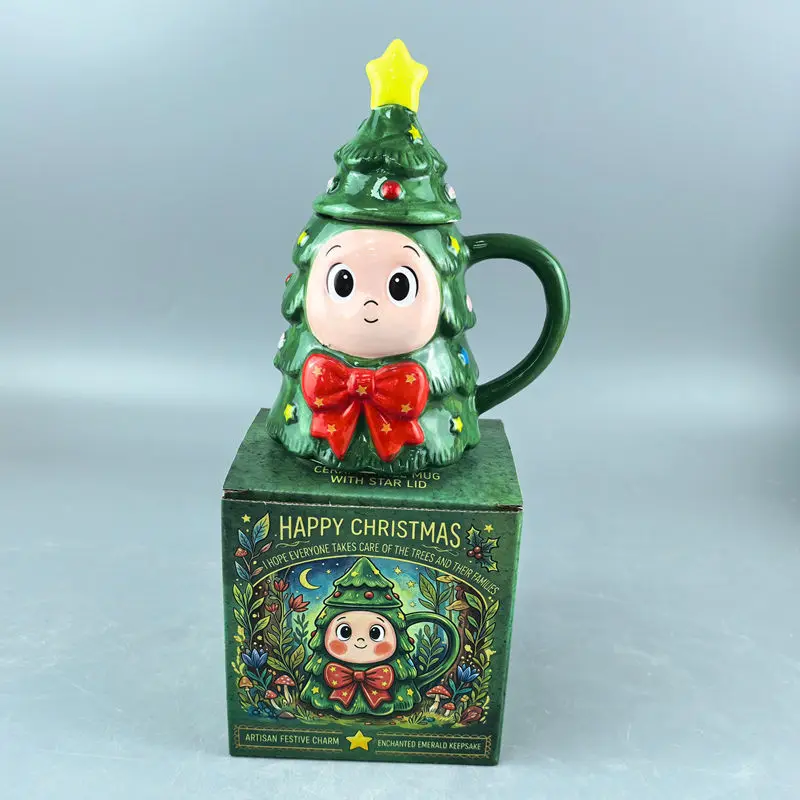 Christmas Ceramic Mug with Lid Cute Girl Style Christmas Tree Star Pattern Coffee Cup Home Christmas Decoration Drinking Cup