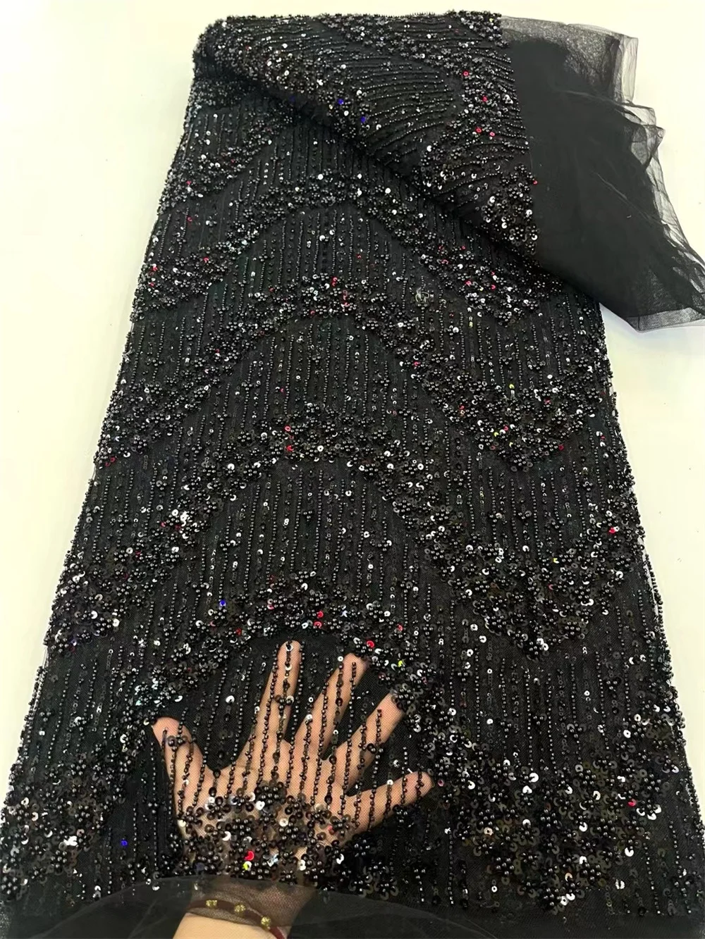 White Lace Fabric 2025 High Quality Luxury Laces On Sale 5 Yards African Sequin Bead Lace Fabric Embroidered Dubai Dress A1058-1
