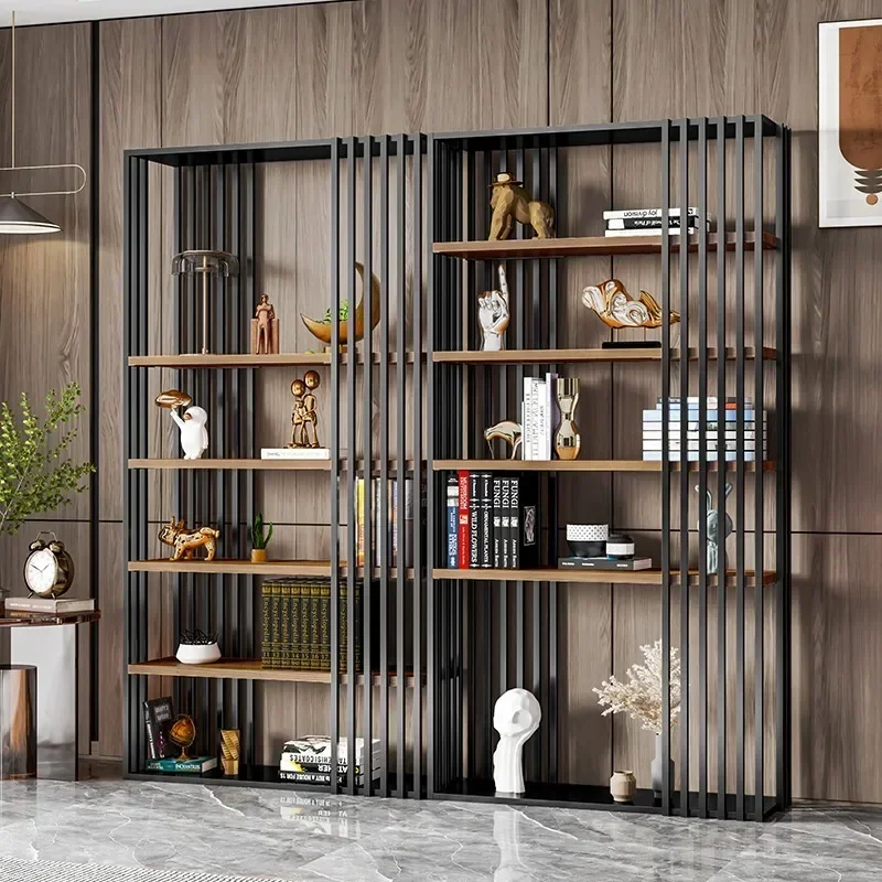 Modern Solid Wood Floor Bookshelf Iron Office Hallway Log Industrial Style Display Stand