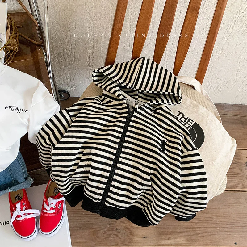 Black White Zipper Striped Long Sleeve Hooded Baby Hoodies Hooded Casual Cotton Fashion Patchwork Kids Sweatshirt Spring Summer