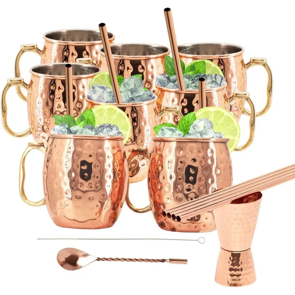 

Set Moscow Mule Mugs, Stainless Steel Lined Copper Moscow Mule Cups Set of 24 (19 OZ) w/Sts, Jigger, Spoon & Brush | Tarnish-Res
