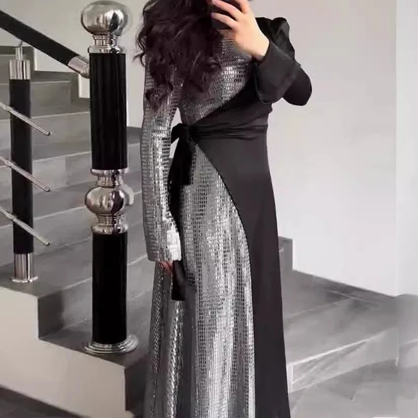 

Dress Women Long Dresses Fake Two Pieces Mock Neck Full Sleeve Sequin Elegant Muslim Lace Up Pleated A Line Vestidos 2024