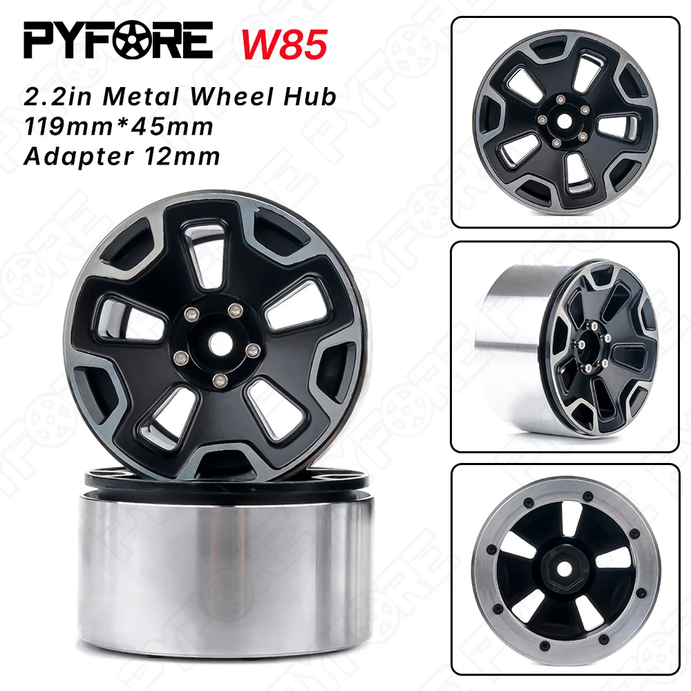 

PYFORE 4pcs Black Metal Wheel Hub 2.2in 64mm* 48mm Adapter 12mm for 1/8 1/10 Remote Crawler Car W85