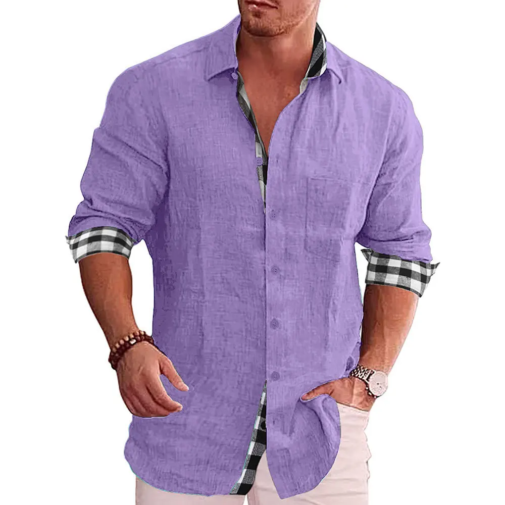 Men Lapel Collar Plaid Contrast Trim Long Sleeve Button Down Shirt Casual Formal Commuter Pocket Blouse