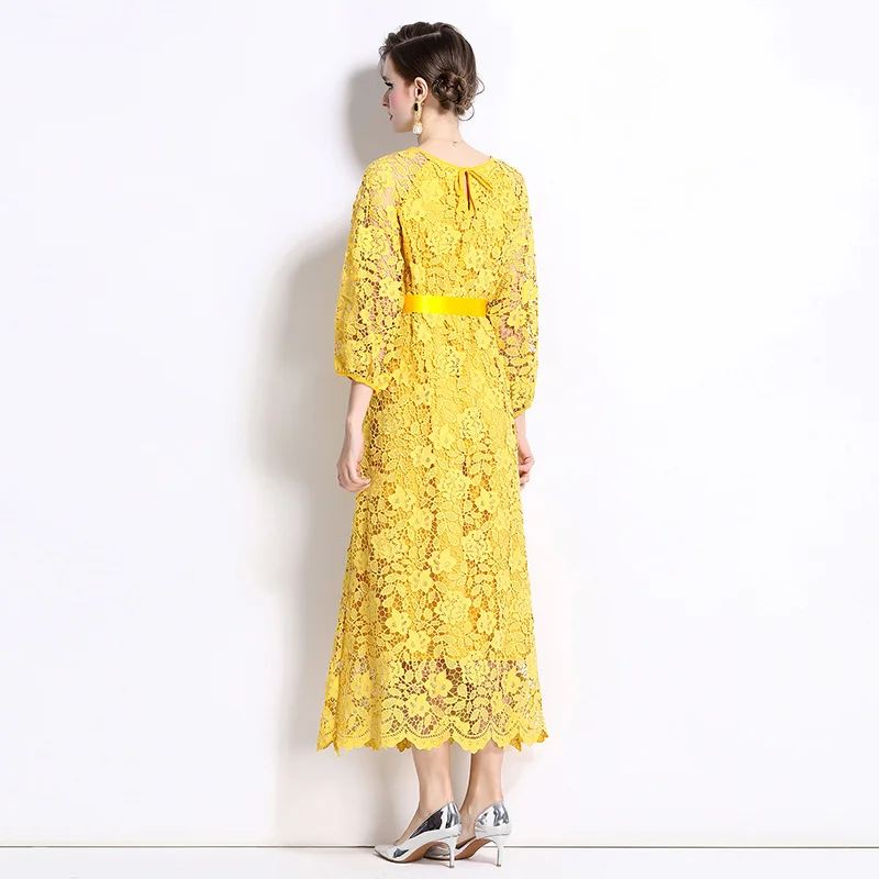 Temperamento a maniche lunghe girocollo vita stretta dimagrante abito in pizzo a trapezio cavo elegante gonna lunga altalena AZ 6956075