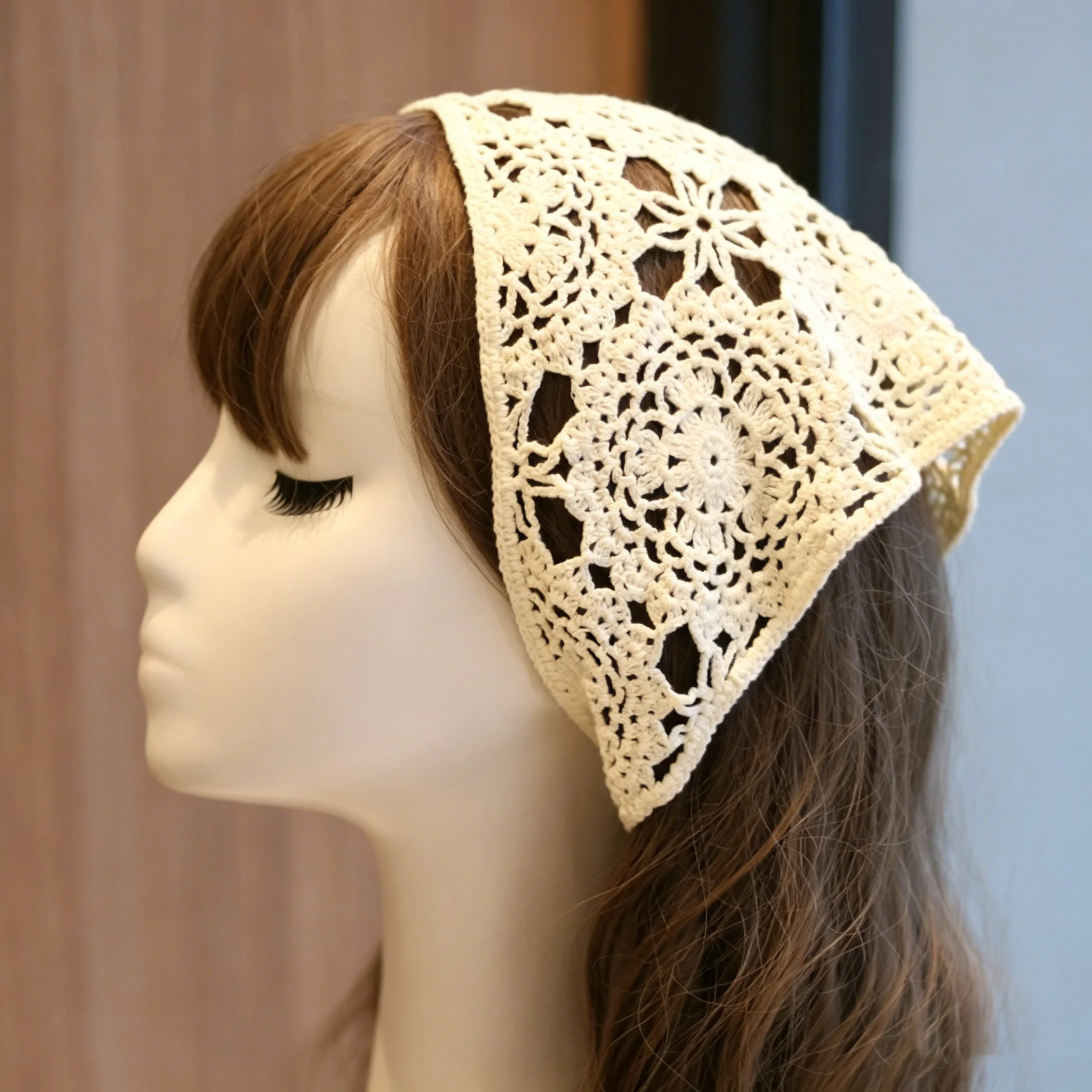 

Knitted Headscarf Women French Triangle Headband Handmade Crochet Headscarf Pastoral Hollow Flower Headscarf Hair Accessories