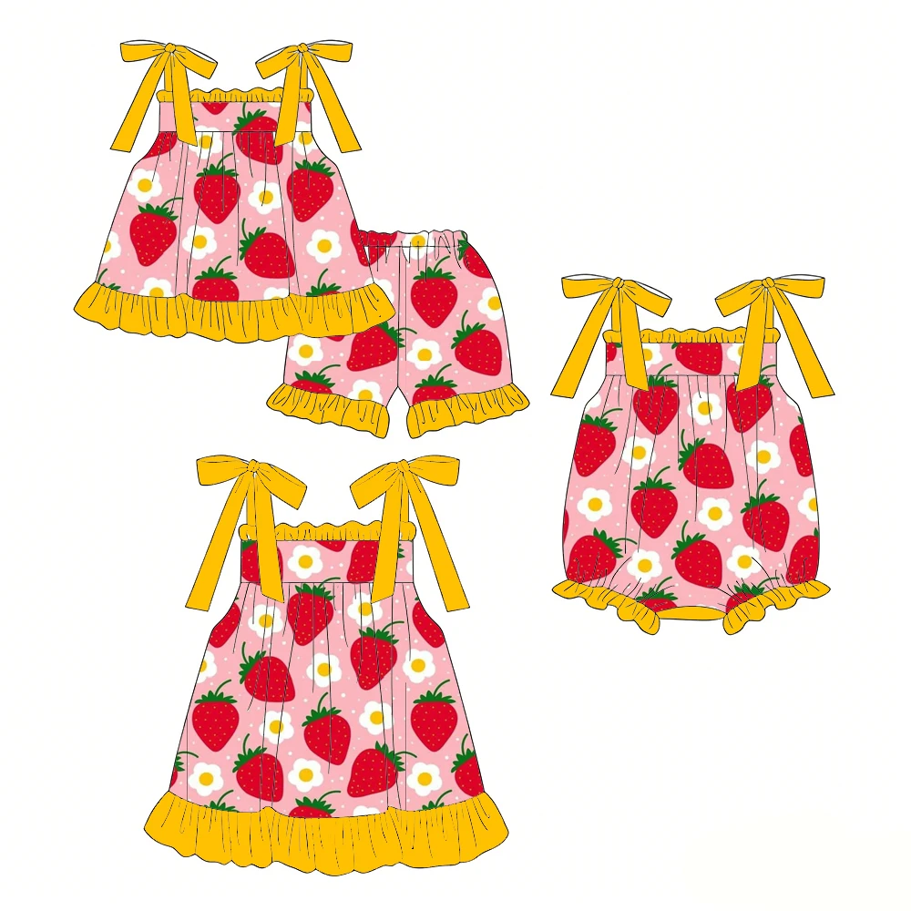 Ruffled halter dress with a tie-up bow featuring a strawberry flower print matches  romper and suit