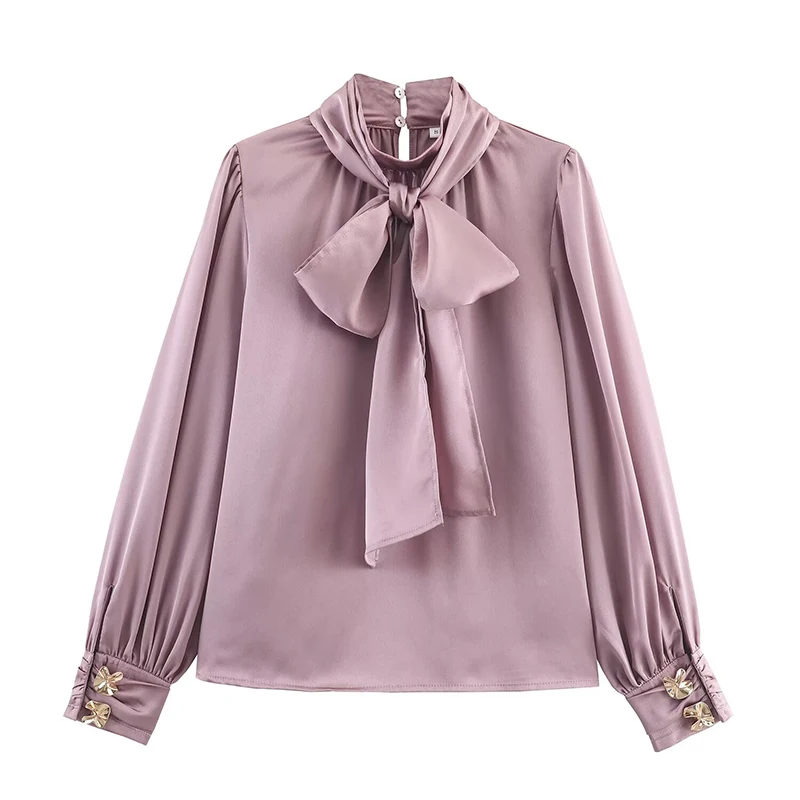 

YENKYE New Fashion Women Elegant Bow Tie High Neck Satin Shirt Spring Autumn Long Sleeve Commuting Blouse