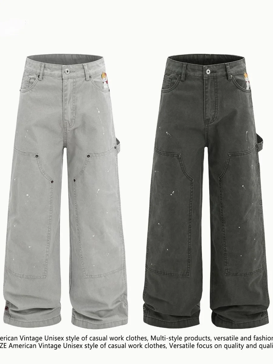 

OREETA American Retro Workwear Pants Men's Women's ing Box Embroidery Design Wide Leg Casual Pants Straight Leg Sle