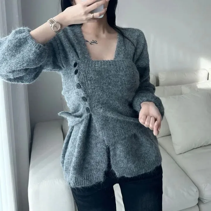 

Осенне-зимний женский комплект из двух предметов: базовая кофта и верхняя одежда, топ в стиле lazy, 100% полиэстер, на пуговицах, без рукавов