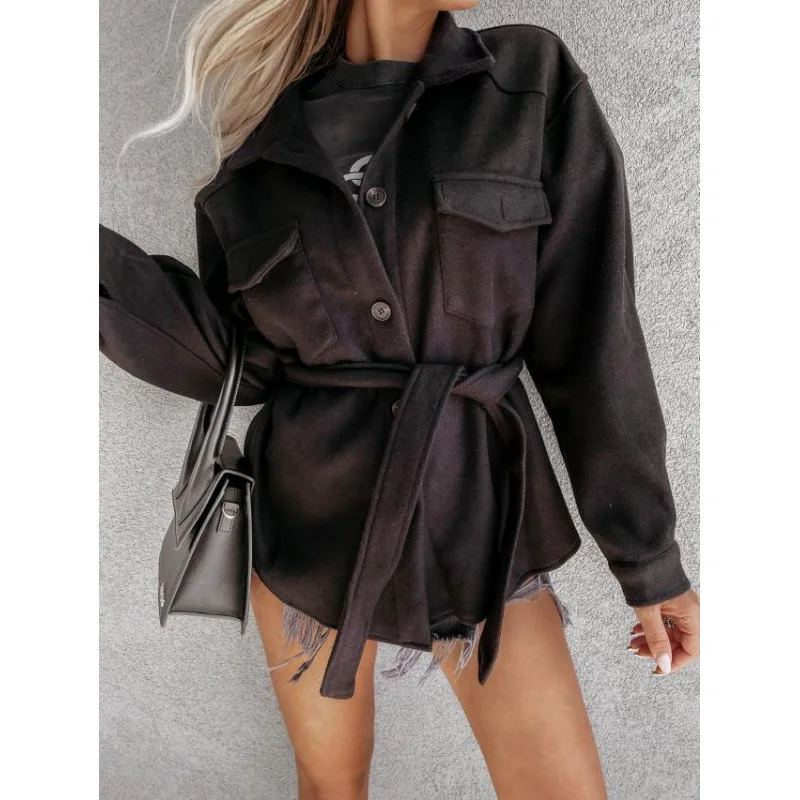 

Fashionable Strappy Two-Tone Solid Color Woolen Jacket for Women European And American Style