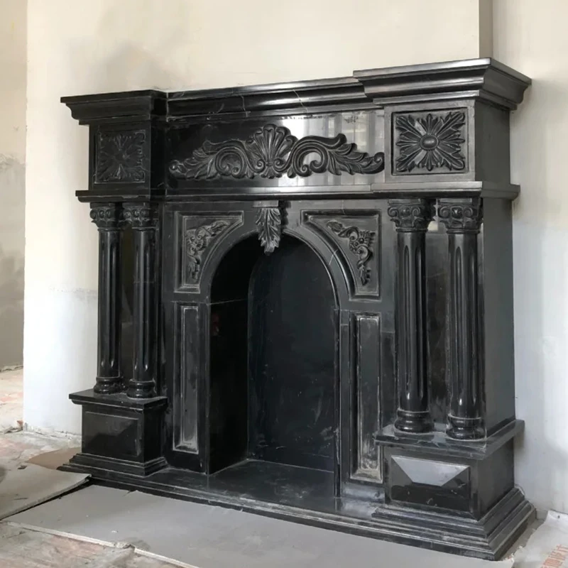 Natural Stone Wood Burning Black Marble Fireplace Surround Mantel with Artistic Carving for Indoor Hotel Villa Decor