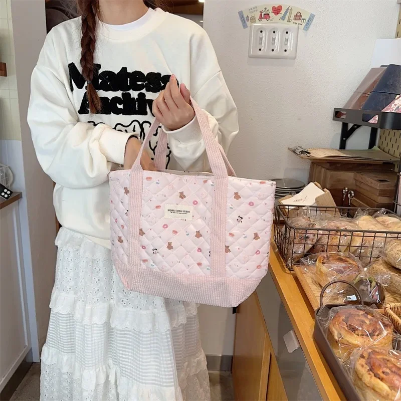 Fashionable Cute Tote Bag Casual Versatile Portable Pink Handbag Large Capacity Diamond Lattice Thread Girl Heart Commuter Bag