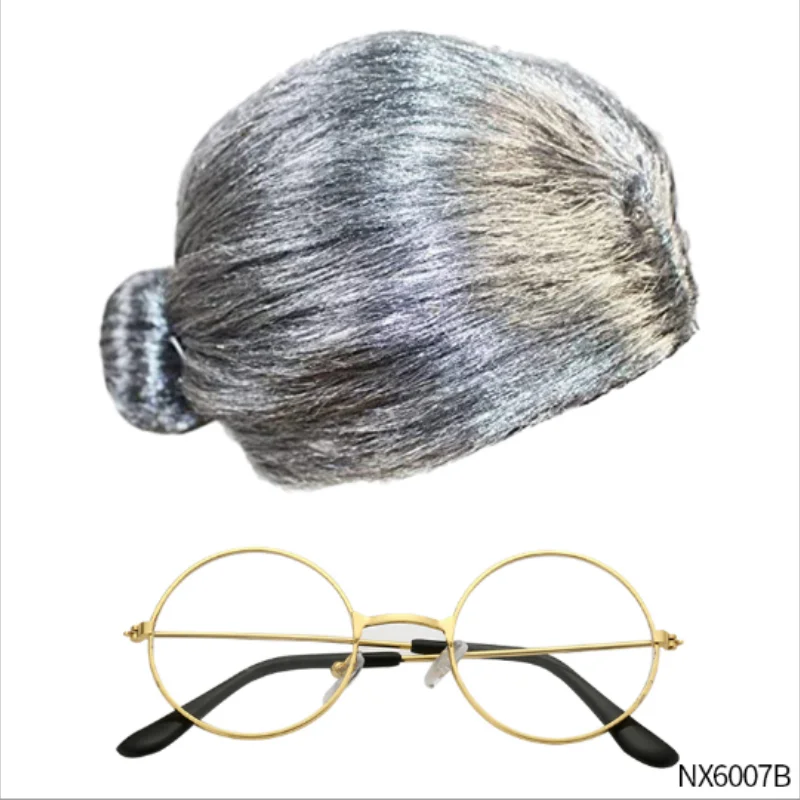 PESENAR  Adults Granny Wig & Glasses Set Womens Grey Bun Grandma Hair Costume Accessories