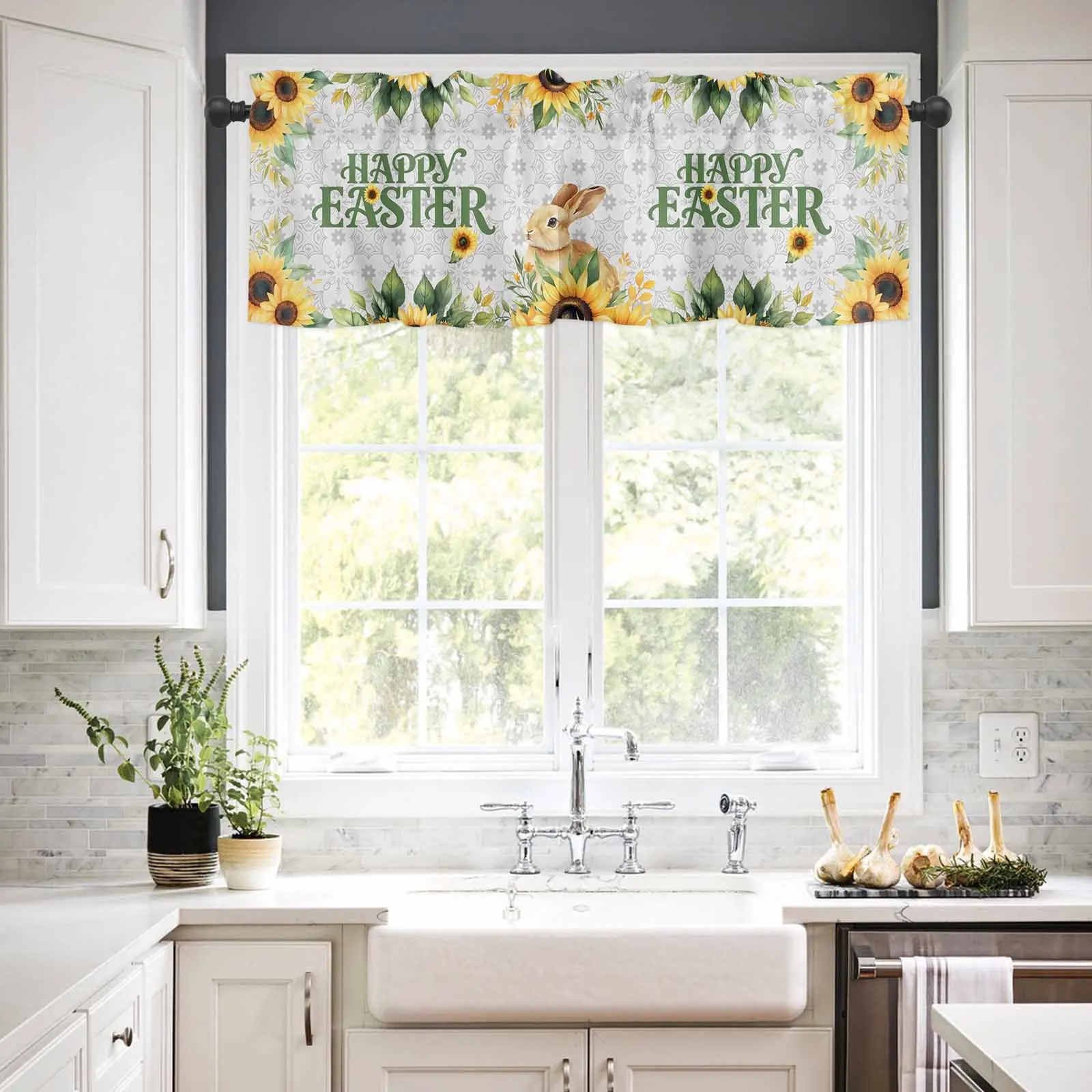 

1PCS Kitchen Short Curtain Valance Easter Festival Rabbit Sunflower Rod Pocket Window Home Decoration