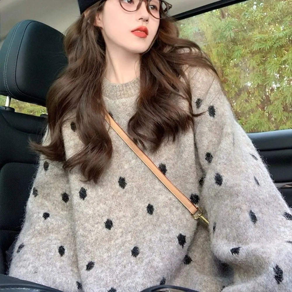 

Fashion Long Sleeve Knit Short Sweater Autumn Loose Dot Crochet Knitwear Women Top Soft Sweet Girl's Pullover Women