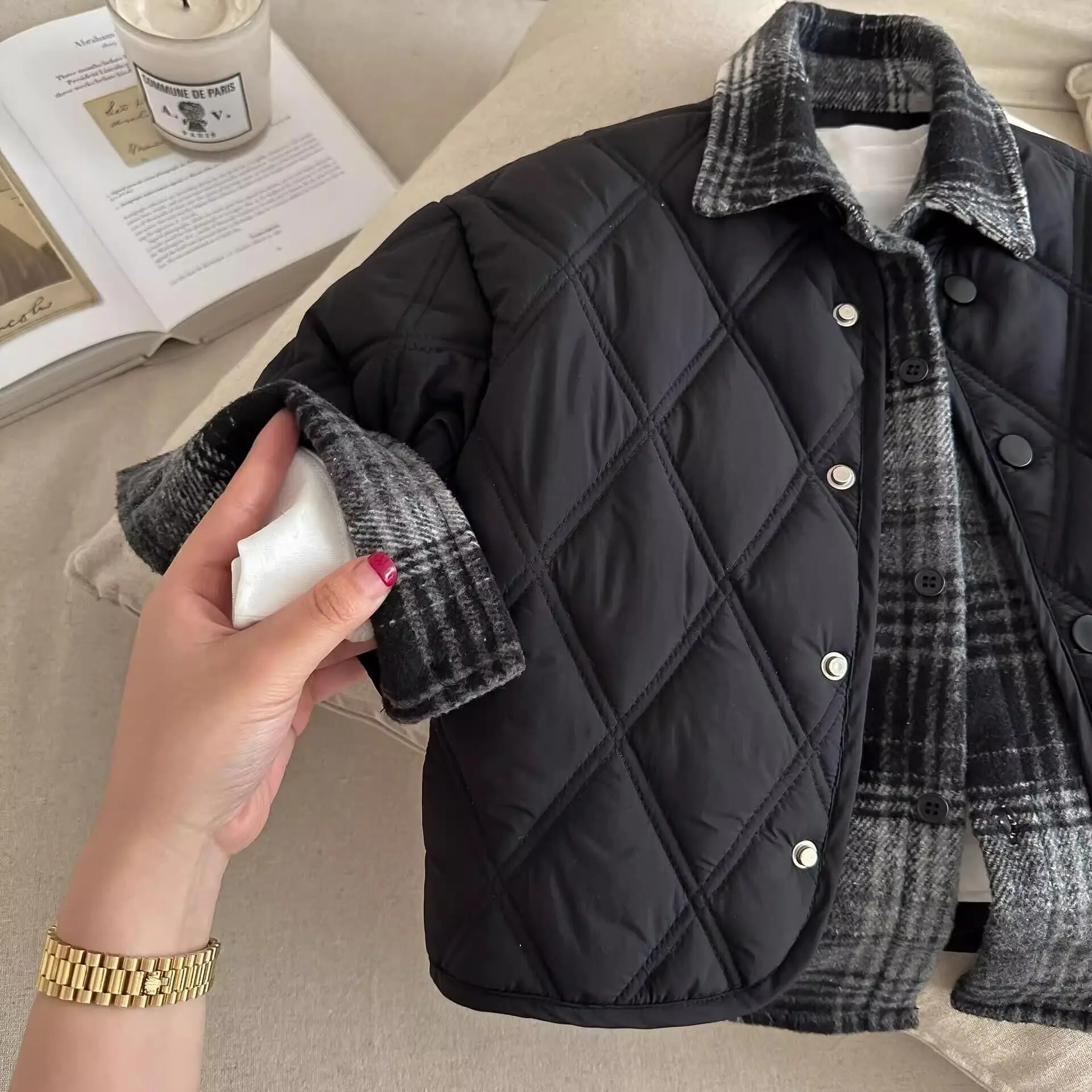 الشتاء الفتيان أسفل سترة قطن الكورية الأطفال منقوشة الربط رفض طوق المعاطف الدافئة عادية الاطفال الملابس القطنية السوداء #6