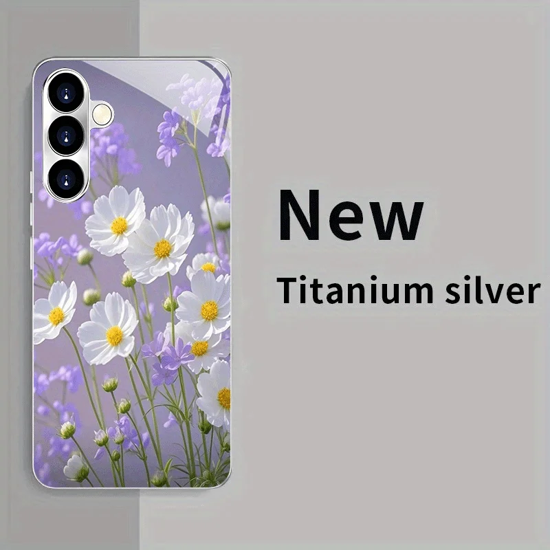 Fresh daisy pattern electroplated glass phone case, suitable for Samsung S26/S25/S24/S23/S22/S21/S20 and other models.