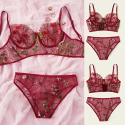 See-Through Mesh Women's Sexy Lingerie Outfit Flower Lace Embroidered Underwear Sets Ultra-Thin Erotic Bras Sets Lenceria Mujer