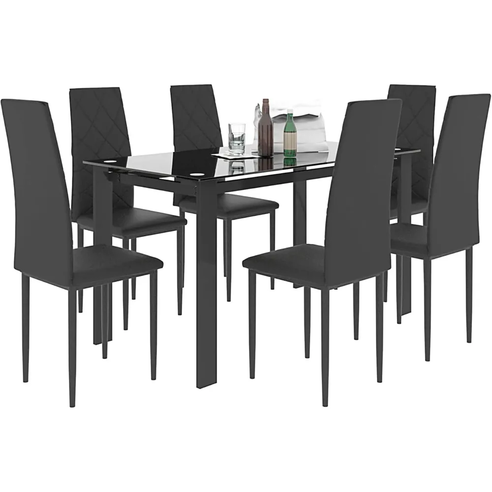 

5-Piece Tempered Glass Dining Table Set for Kitchen Room in Transparent Table and Black Chairs