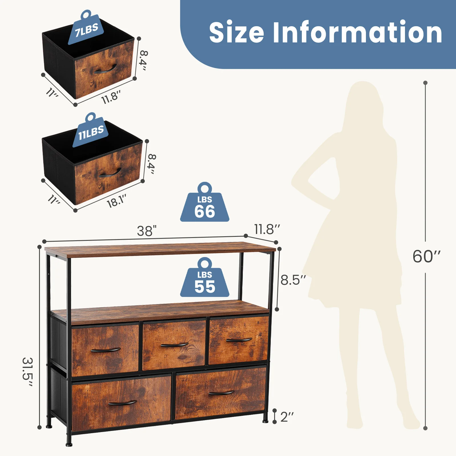 JHK TV Stand comò per camera da letto con 5 cassetti in tessuto armadio portaoggetti cassettiera per riporre i vestiti di mobili