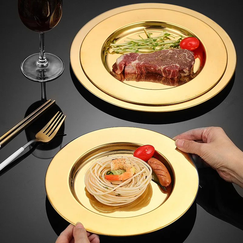 

6 золотых тарелок из нержавеющей стали, круглая неглубокая плоская тарелка для стейка в американском стиле, утолщенная тарелка для салата