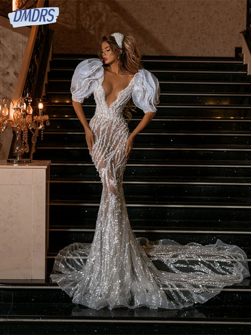 Shimmering V Neck Mermaid Wedding Dress 2025 Illusion Fashionable Sequined Women Customized Puff Sleeves Dreamy Bridal Gown