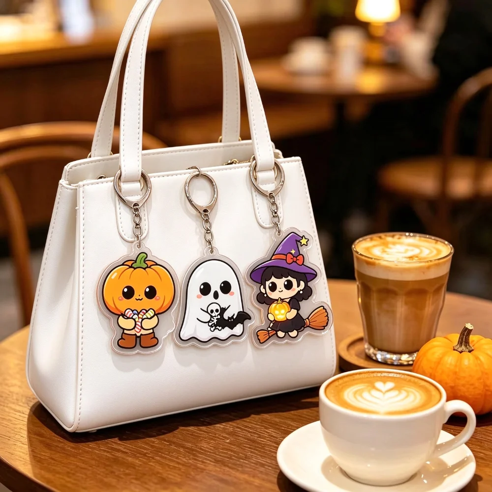 for Cute Halloween Acrylic Keychain Pumpkin Ghost Witch Vampire Skeleton Pirate Charm Backpack Key Ring Ornament Friends Gift