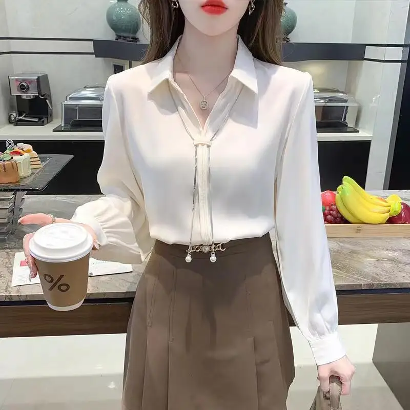 Office Lady Light Colour Unique Temperament Turn Down Collar Blouse Thin Metal Chain Decoration Lantern Sleeve Female Chiffon