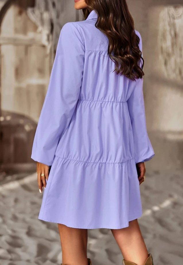 Vestido de manga larga con cuello vuelto para mujer, minivestido camisero de línea A de cintura alta, informal, básico, Color sólido