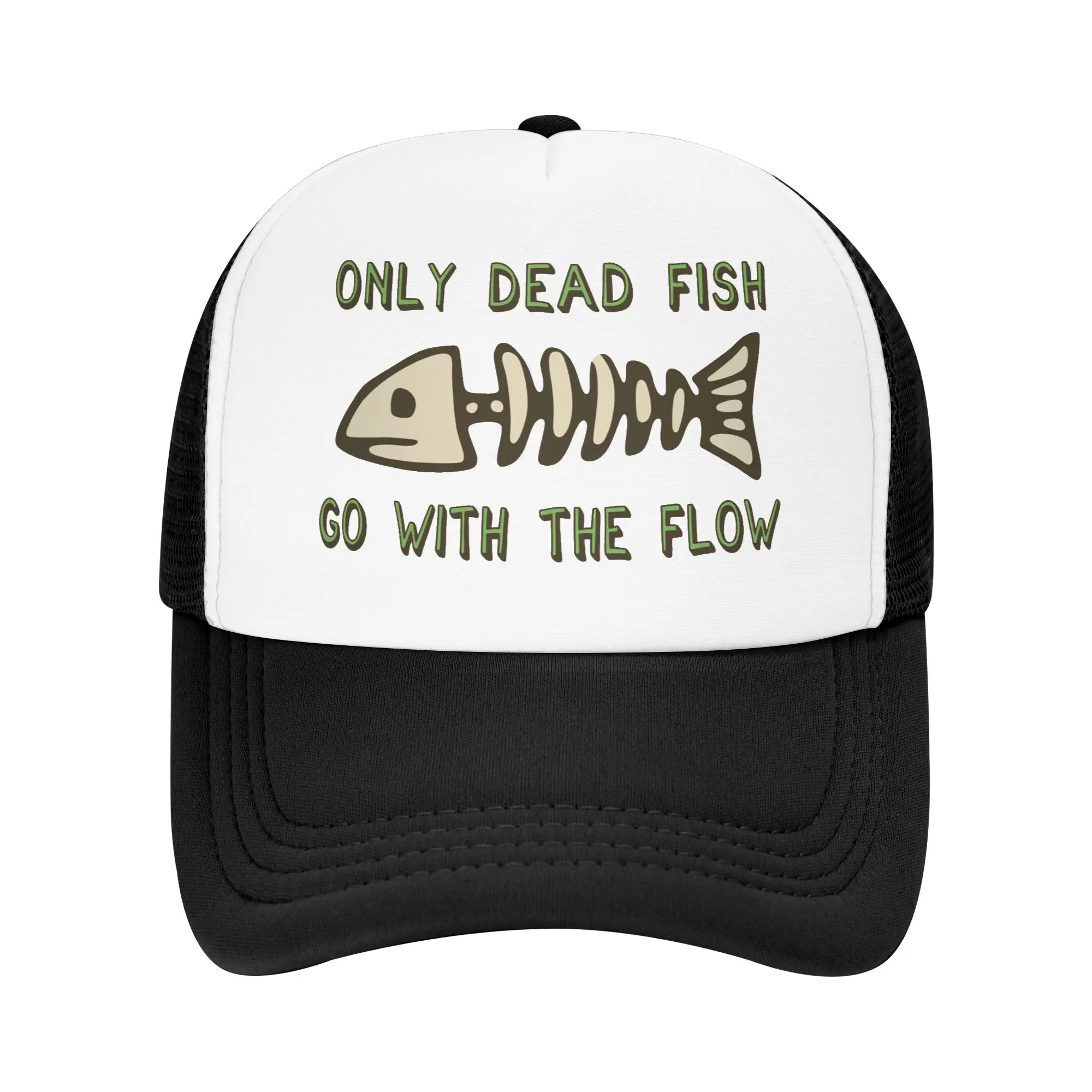 Only Dead Fish Go With The Flow Baseball Cap Outdoor Adjustable Funny Fishing Quotes Trucker Hat Autumn Personalized Dad Hat