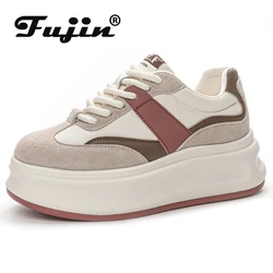 Fujin 7cm bydlęca prawdziwa skóra kobiety deskorolka na deskorolce wysokiej marki masywne Sneaker na co dzień buty wulkanizowane na platformie stajnia na koturnie