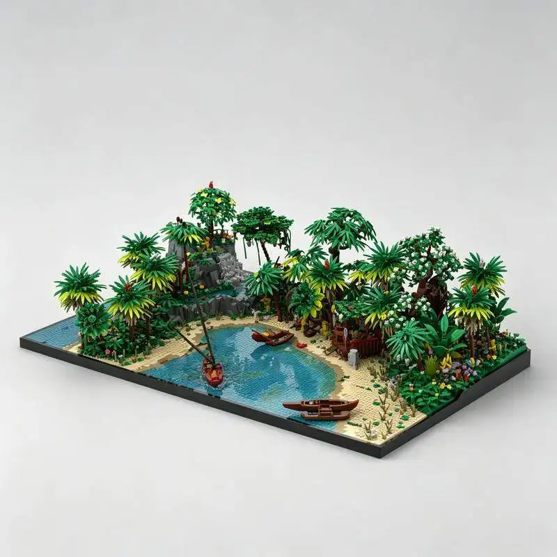 12251PCS MOC Big Tropical Island Resort Scene With Palm Trees Waterfall Lagoon Building Blocks Model DIY Assembly Display Gift