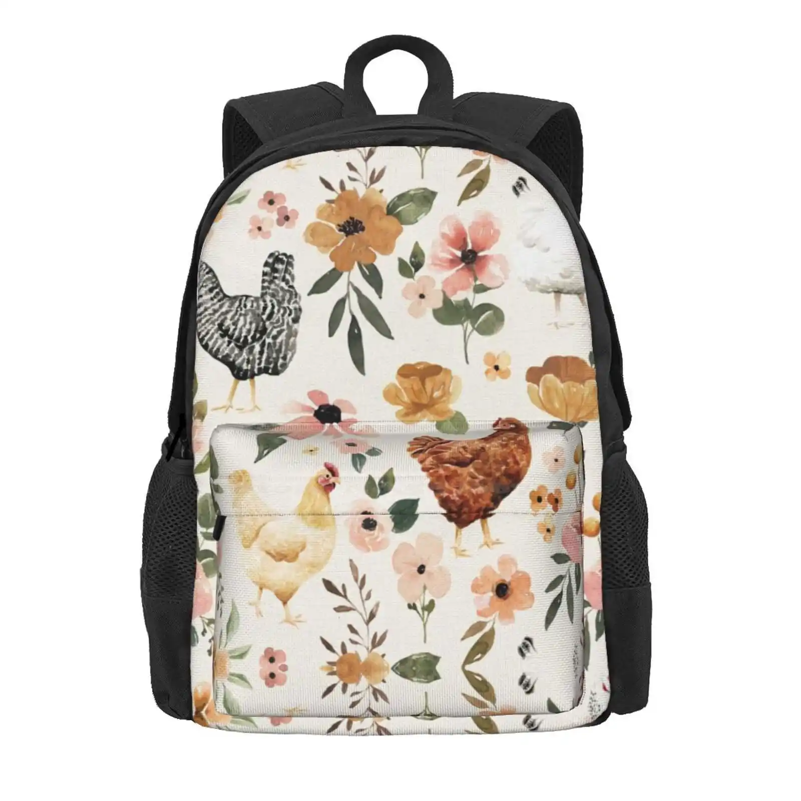 Watercolor Chicken Floral, Charlotte Floral Collection Hot Sale Schoolbag Backpack Fashion Bags Watercolor Floral Chickens